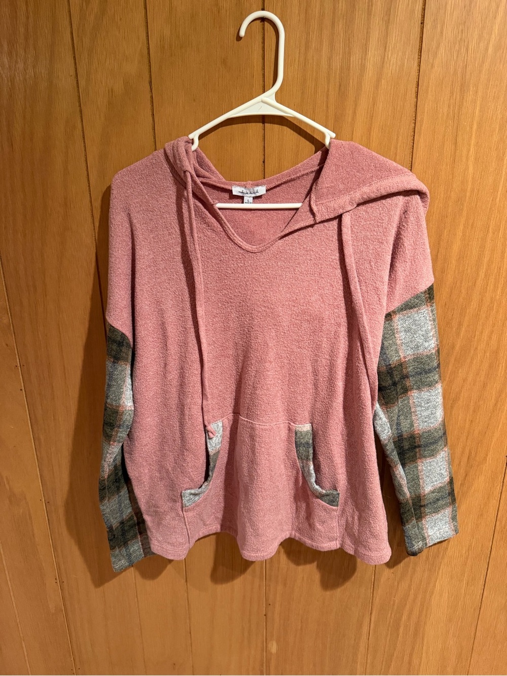 white birch Dusty Rose Hooded Pullover with Plaid Sleeves